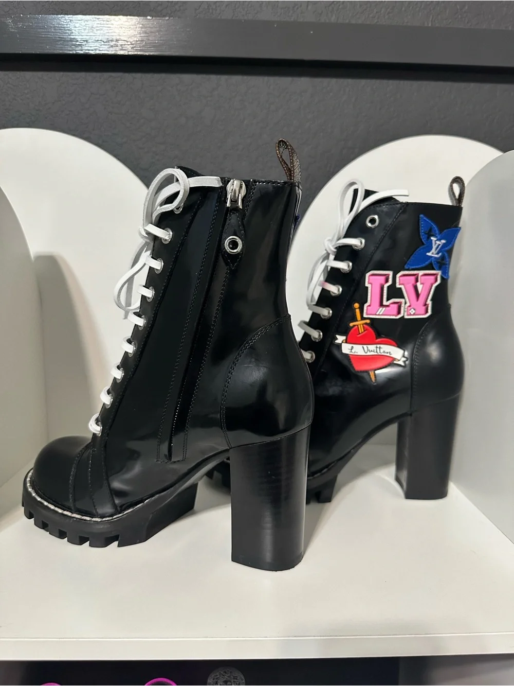 Louis Vuitton Black Leather Lace-Up Platform Patchwork Ankle Boots - Picture 2 of 9
